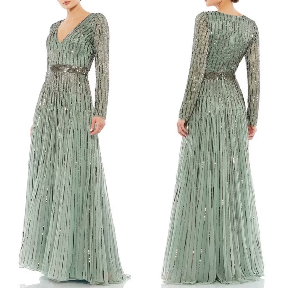 Mac Duggal Long Sleeve V Neck Sequin A Line Gown 4977 in Sage Green Size 8 NWT